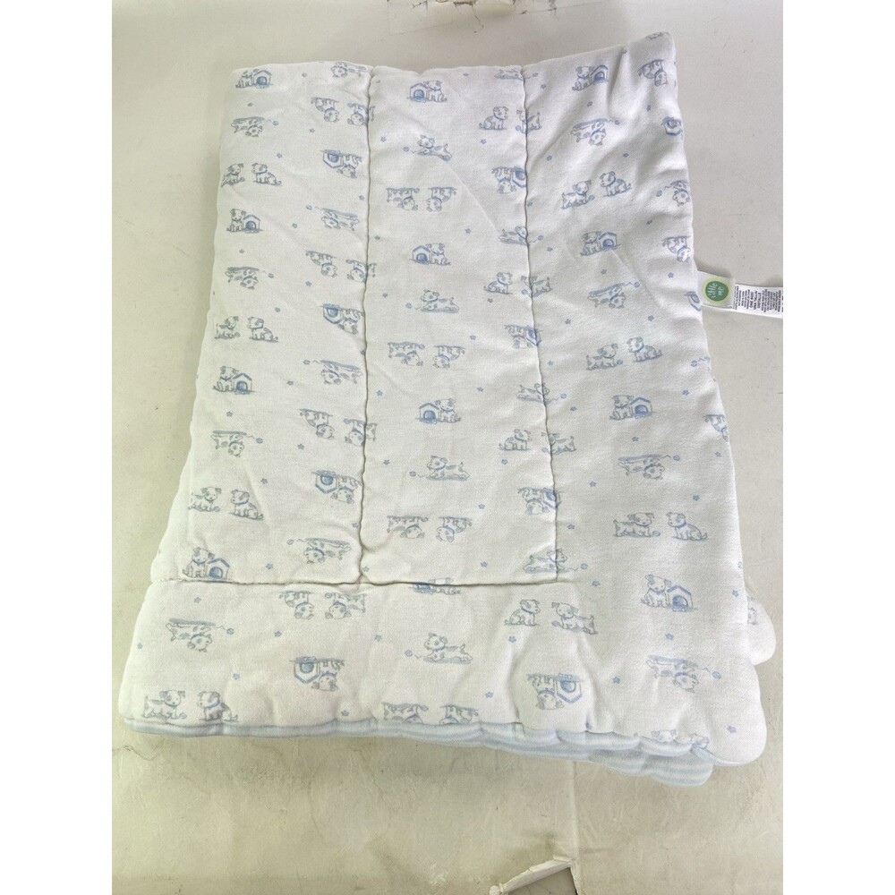 Little Me Puppy Dog White Light Blue Cotton Baby Blanket Boys Striped Back